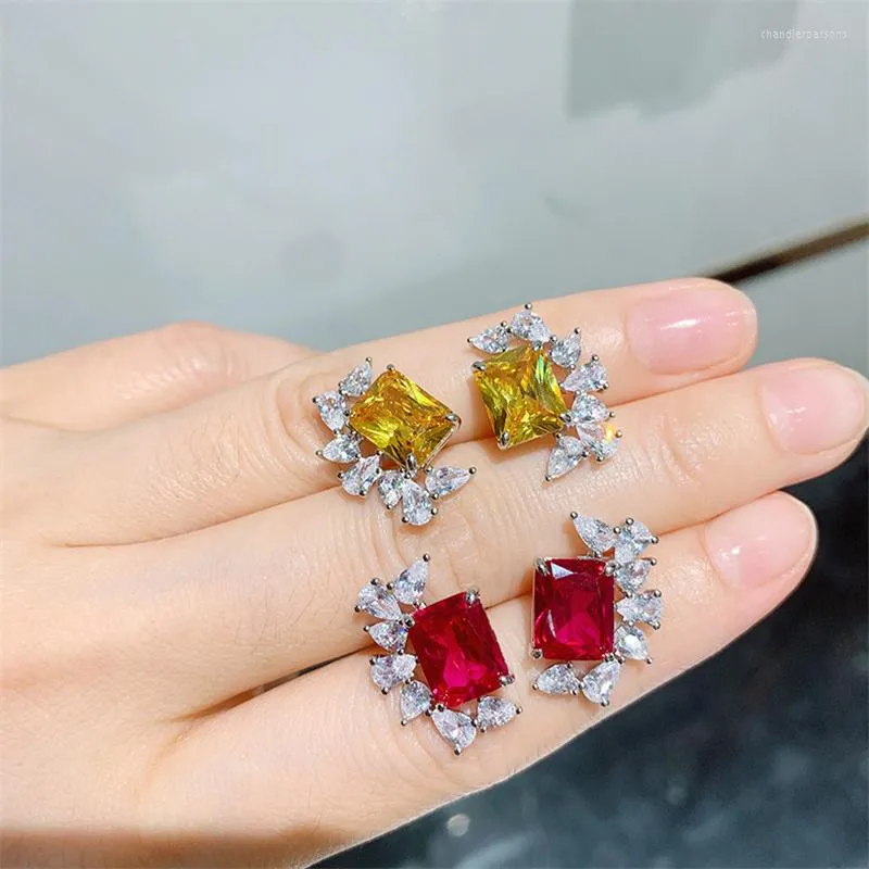 Stud Earrings QLuxury Female Crystal Red Yellow Zircon Vintage Wedding For Women Silver Color Jewelry