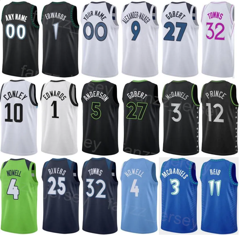 Print City Basket-ball gagné Mike Conley Jersey 10 Anthony Edwards 1 Rudy Gobert 27 Jaden McDaniels 3 Naz Reid 11 Bryn Forbes 10 Taurean Prince 12 Team Custom Men Kids