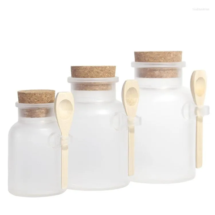 Storage Bottles 100ml/200ml/300ml Scrub Bath Salt ABS Bottle With Wooden Lid Spoon Cork Stopper Frosted Seal Jar Wood