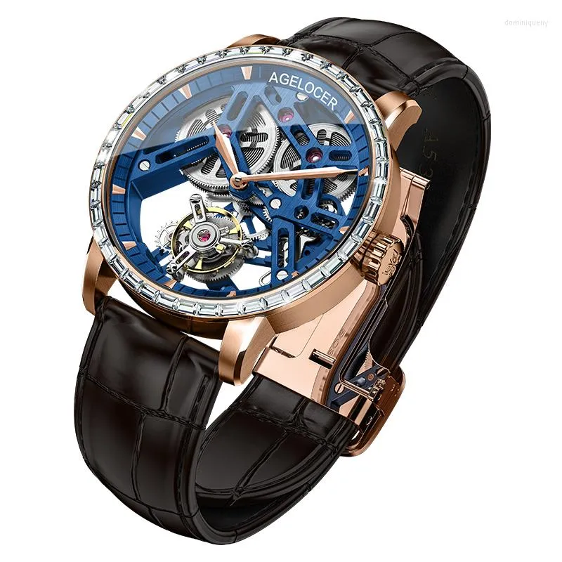 Swiss Luxury Watch Wrist Wrists Agelocer Brand Men Men Tourbillon Automatique Sapphire Squelette bleu Squelette 40 mm STRAPE MÉCANIQUE MÉCANIQUE