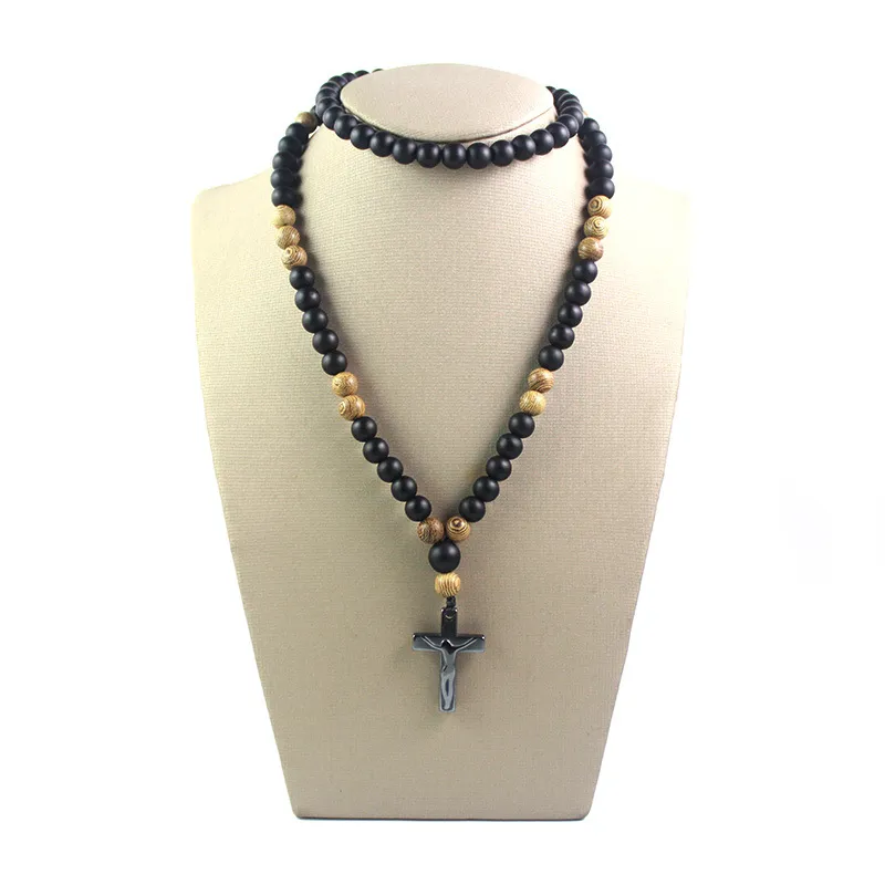 8mm Hematite Wood Beaded Necklaces Matte Black Agate Necklace Long Sweater Chain 2Pcs/Lot