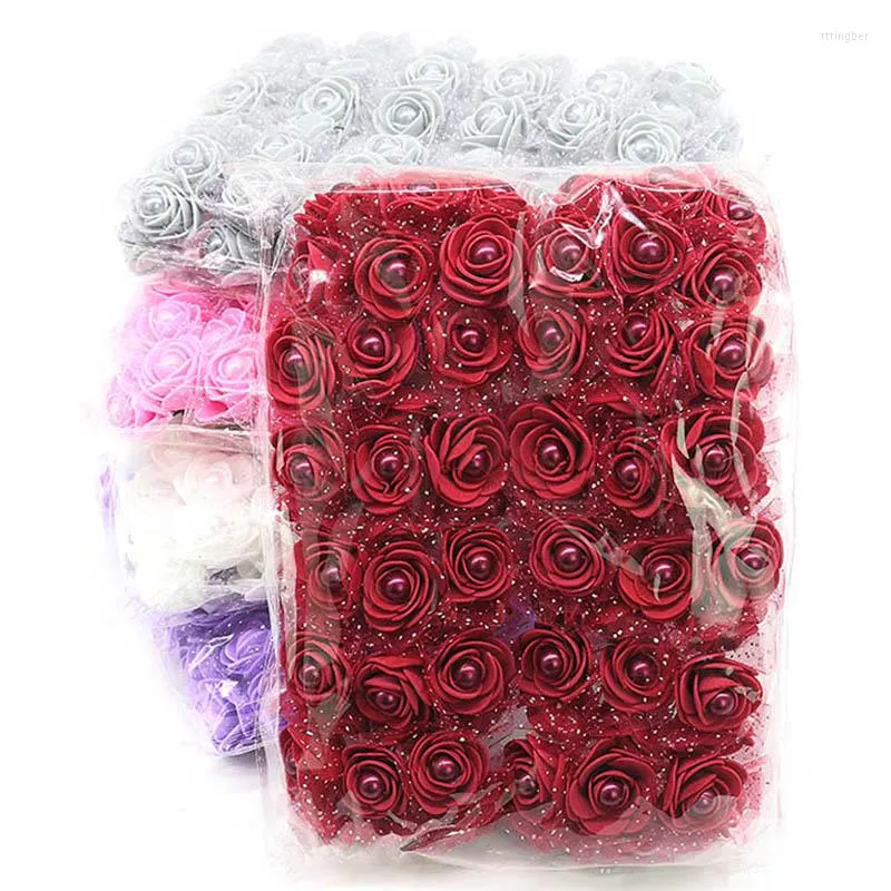 Flores decorativas 24/72pcs 3cm de espuma artificial rosa com pérola Fake Flower Bouquet para festa de aniversário de casamento em casa Presentes de dia dos namorados