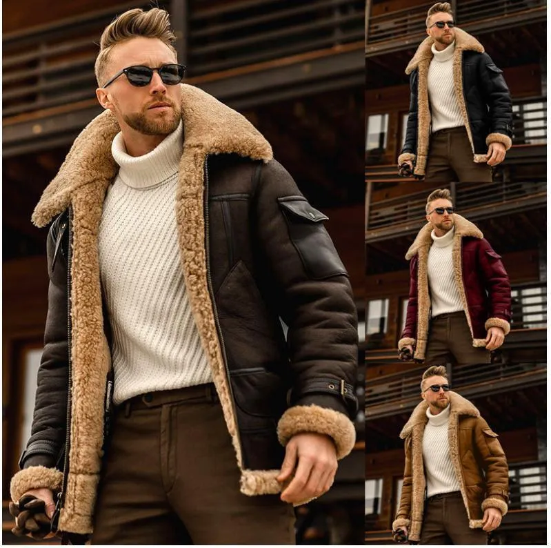 Gilets pour hommes mâle hiver veste en cuir manteau grand col de fourrure hommes chaud ajouter laine Parkas vêtements d'extérieur chaquetas hombre 230217