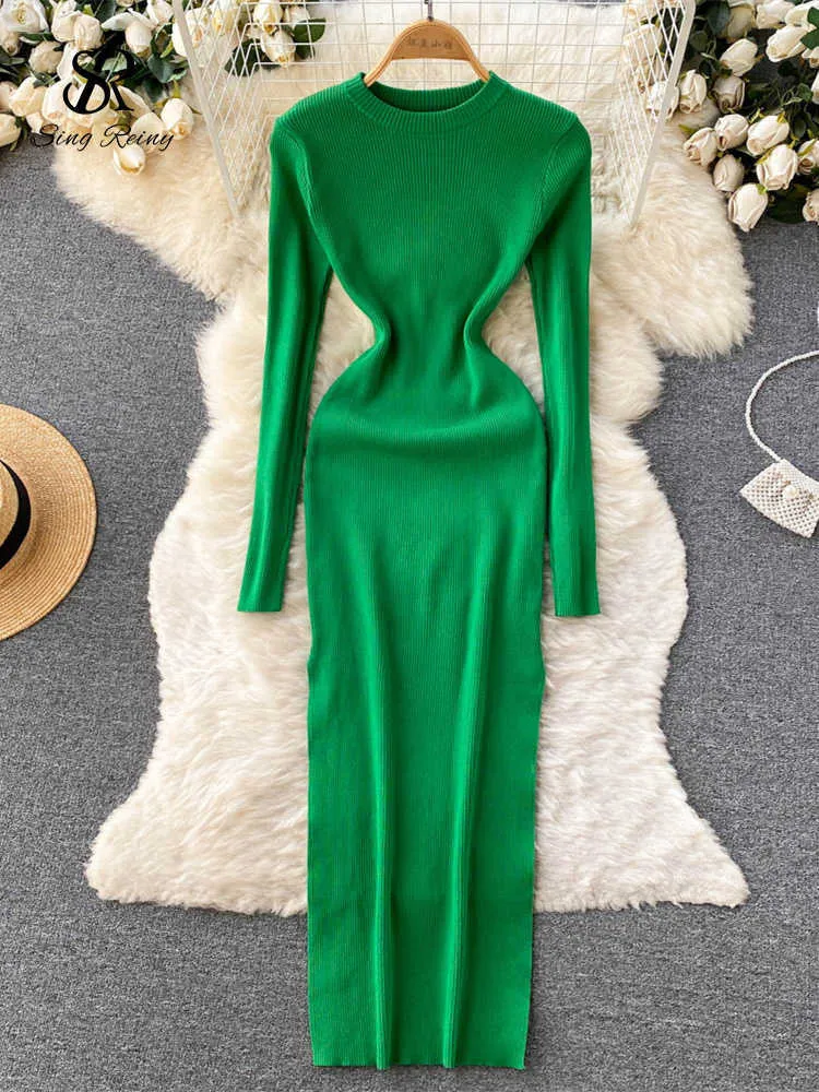 Casual Dresses SINGREINY Autumn Senior Knitted Dress Women Long Sleeve Elastic Waist Split Sweater Dress Ladies Party Sexy Warm Long Dress Z0216