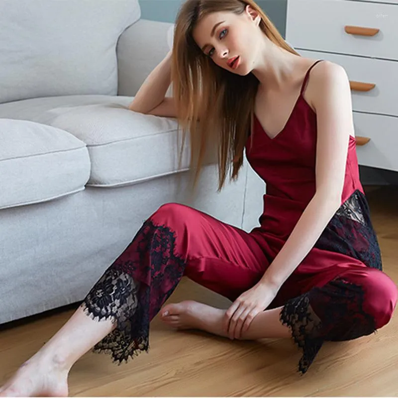 Women's Sleepwear High-End Imitation Silk Suspenders Pajamas Trousers 2-Piece Suit Ladies Home Service Lace Temptation Sexy Soft Underwear