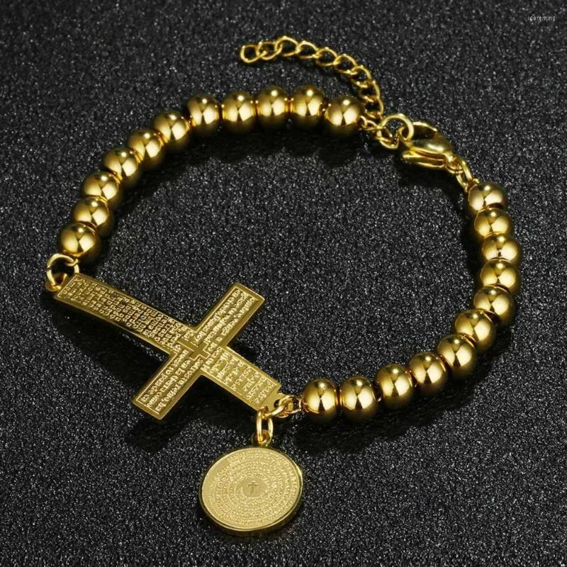 Charm Bracelets Stainless Steel Beads Bangle Sideways Cross Bible Medal Pendant Women Men Religious Jewelry Gifts SL070