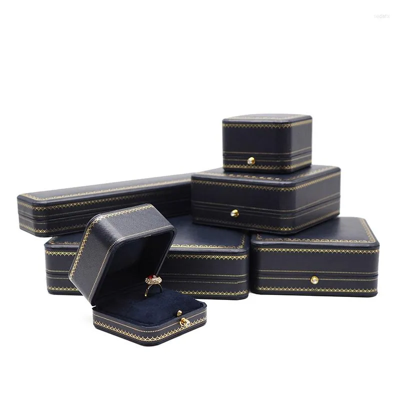 Jewelry Pouches Dark Blue Leatherettre Paper Organizer Boxes And Packaging Wedding Ring Case Bangle/bracelet/pendant Christmas Gift Box.