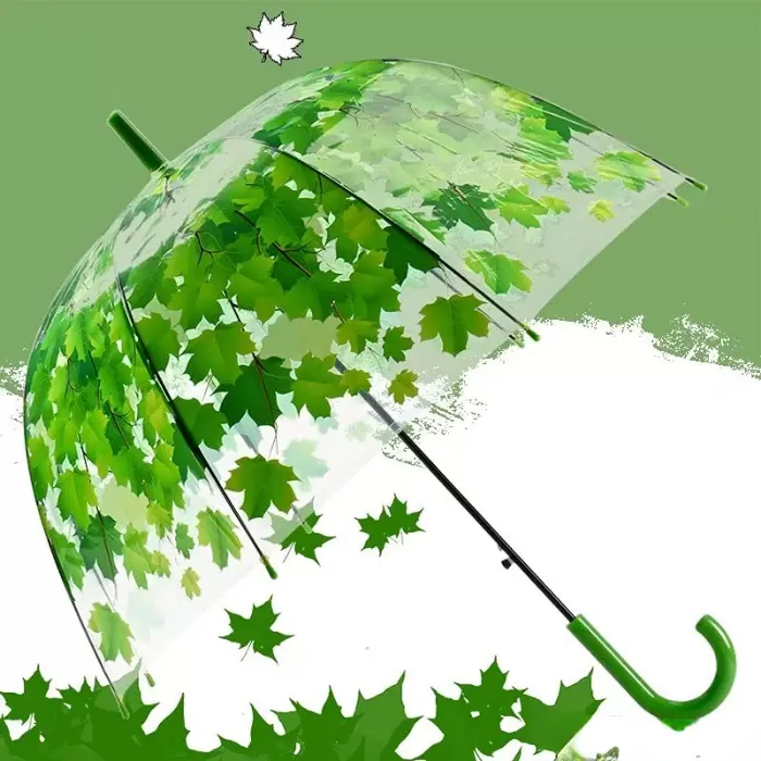 Newest Transparent PVC Mushroom Umbrellas Green Printed Leaves Rain Clear Leaf Bubble Umbrella XL-189