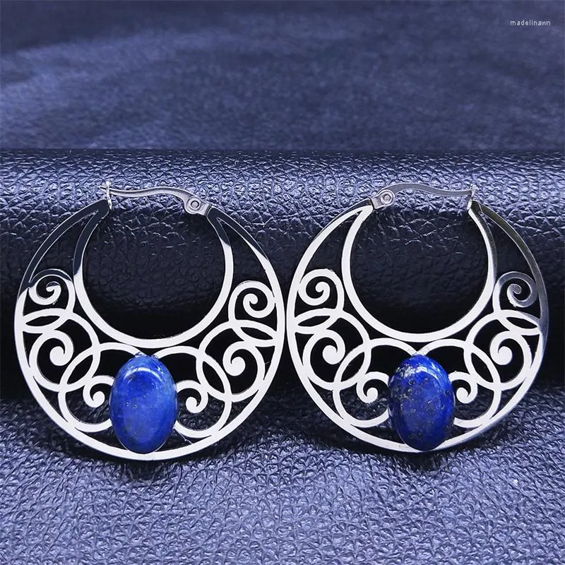 Studörhängen Böhmen Yoga Flower Lapis Lazuli Rostfritt stål Big Hoop Earring Silver Color Circle Jewelry E9355S04