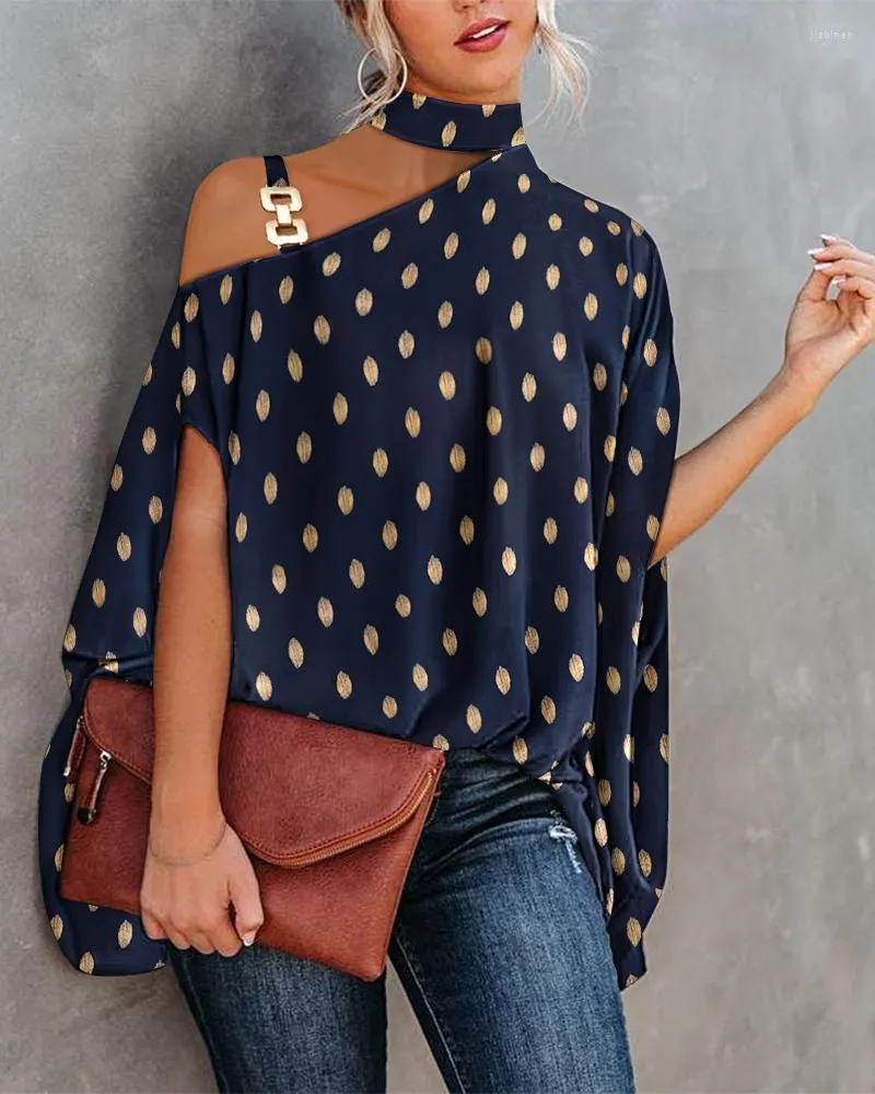 Women's Blouses 2023 Summer Women Metallic Polka Dot Chain Strap Cold Shoulder Femme Casual Batwing Half Sleeve Top Lady Daily Street