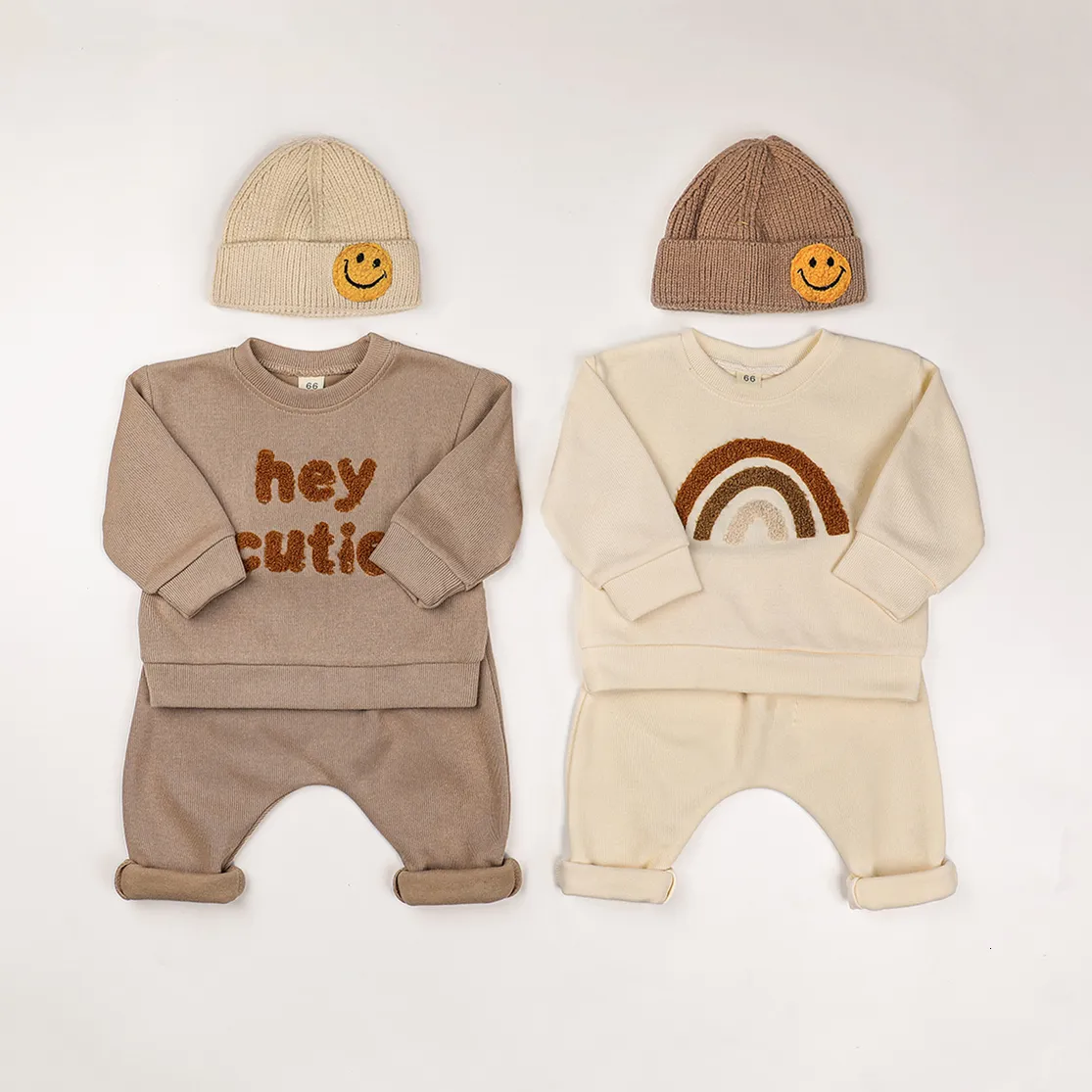 Clothing Sets Europe Baby Cotton Kintting Clothing Sets Kids Boys Girls Spring Clothes Loose Tracksuit Pullovers TopsPants 2PCS Outfits 230217