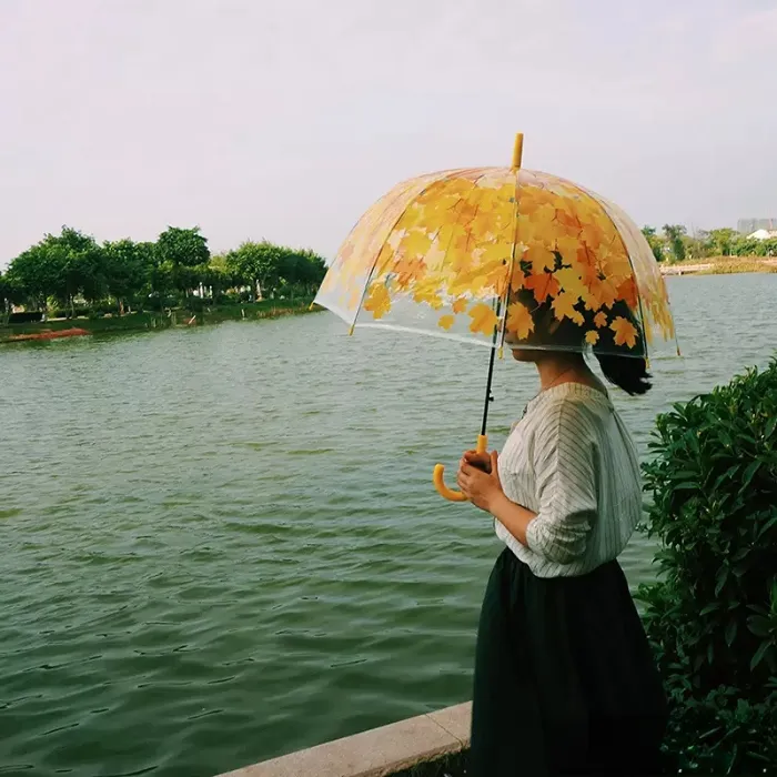 Newest Transparent PVC Mushroom Umbrellas Green Printed Leaves Rain Clear Leaf Bubble Umbrella XL-189