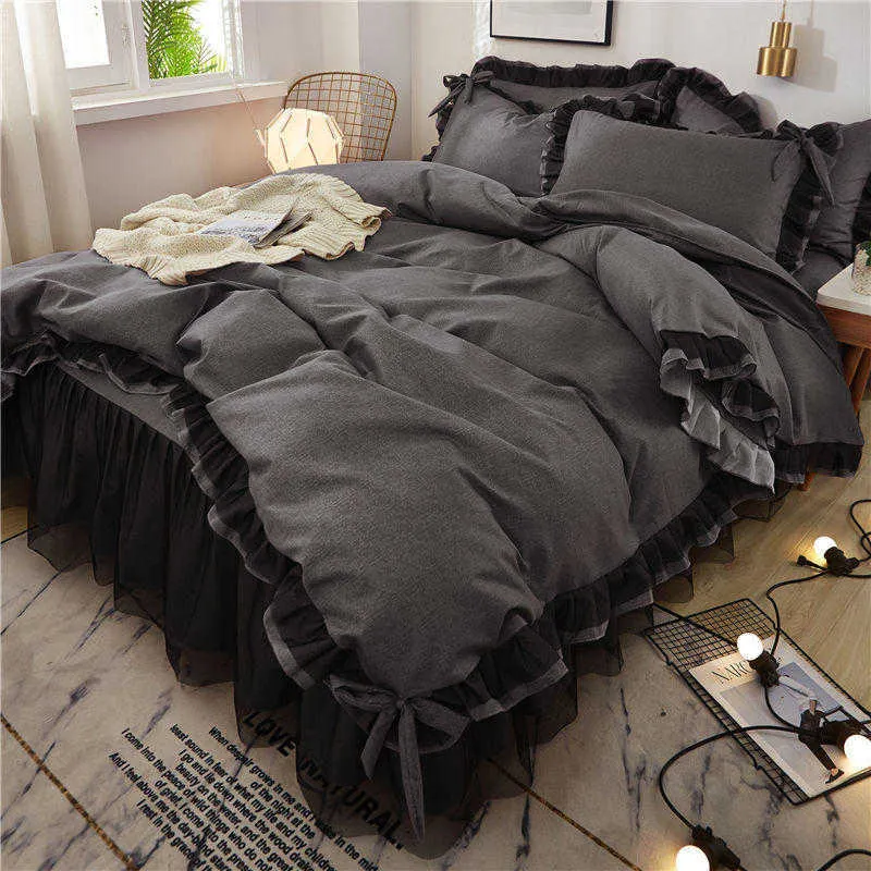Sängkläder set trädgård varm stil svart spets fyrdel prinsessan vind säng kjol 1.5/1,8 m sängbäddar set säng däck uppsättning hem t230217
