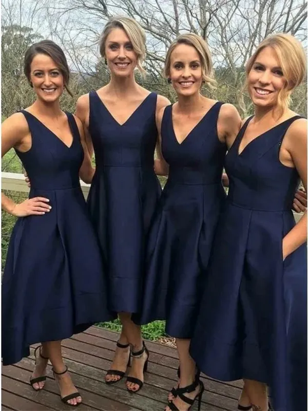 Royal Blue Elegant Satin Bridesmaid Dresses V Neck A Line Tea Length Wedding Guest Party Gowns Plus Size Formal Occasion Dress For Women Maid Of Honor Gowns CL1857