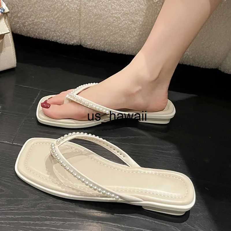 Slippers Slippers 2023 Pearl Flip Flops Glitter Rhinestone Slides Women Shiny Beach Shoes Fashion Square Toe Summer Clip Sandals 0217V23