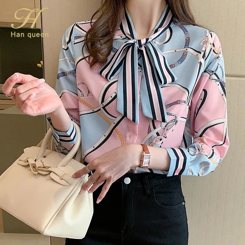 Women's Blouses Shirts H Han Queen Spring Vintage Print Office Lady Blouse Female Shirt Bow Tops Long Sleeve Casual Korean OL Women Loose 230217