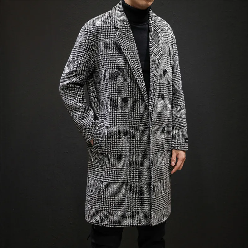 Men's Wool Blends YASUGUOJI Casual Double Breasted Mens Overcoat Winter Houndstooth Jacket Men Turndown Collar Long len Wind Coat 230217