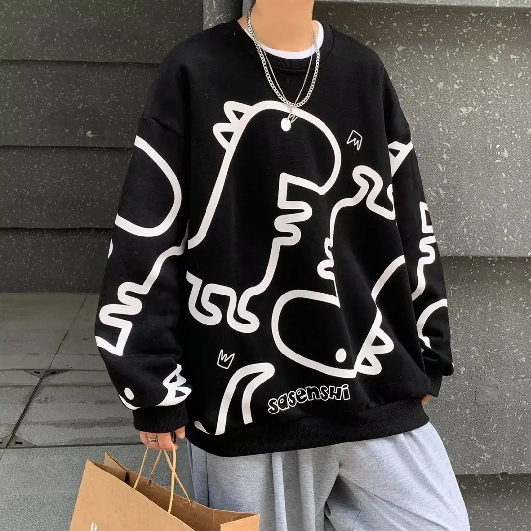 Mens Hoodies Sweatshirts Spring Autumn Print Long Sleeve Top Korean Fashion Streetwear Men Clothing Harajuku Cartoon Black 230216