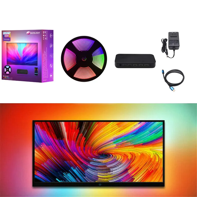 RGB LED 스트립 라이트 스마트 앰비언트 TV 라이트 키트 HDMI 동기화 LED 백라이트 Wi -Fi Alexa Google 제어 HDMI TV 박스 용 LED 조명 스트립