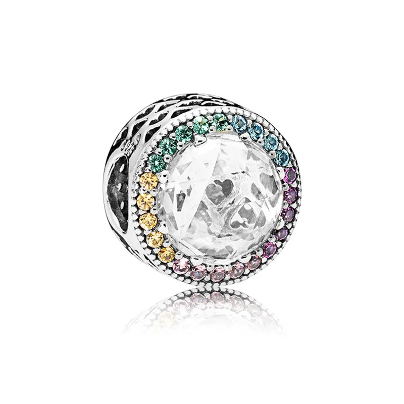 Rainbow Pave Love Round Charm Authentic Sterling Silver for Pandora Jewelry Snake Chain Bracelet Corlece Создание аксессуаров хрустальные чары с оригинальной коробкой