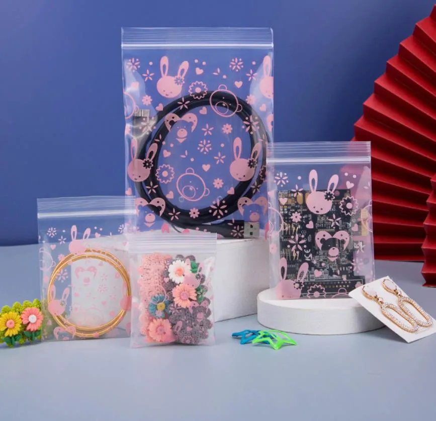 Paketleme çantaları mylar çanta pembe tavşan baskı plastik küçük sevimli mücevher küpeler kanıtı fermuarlı kese