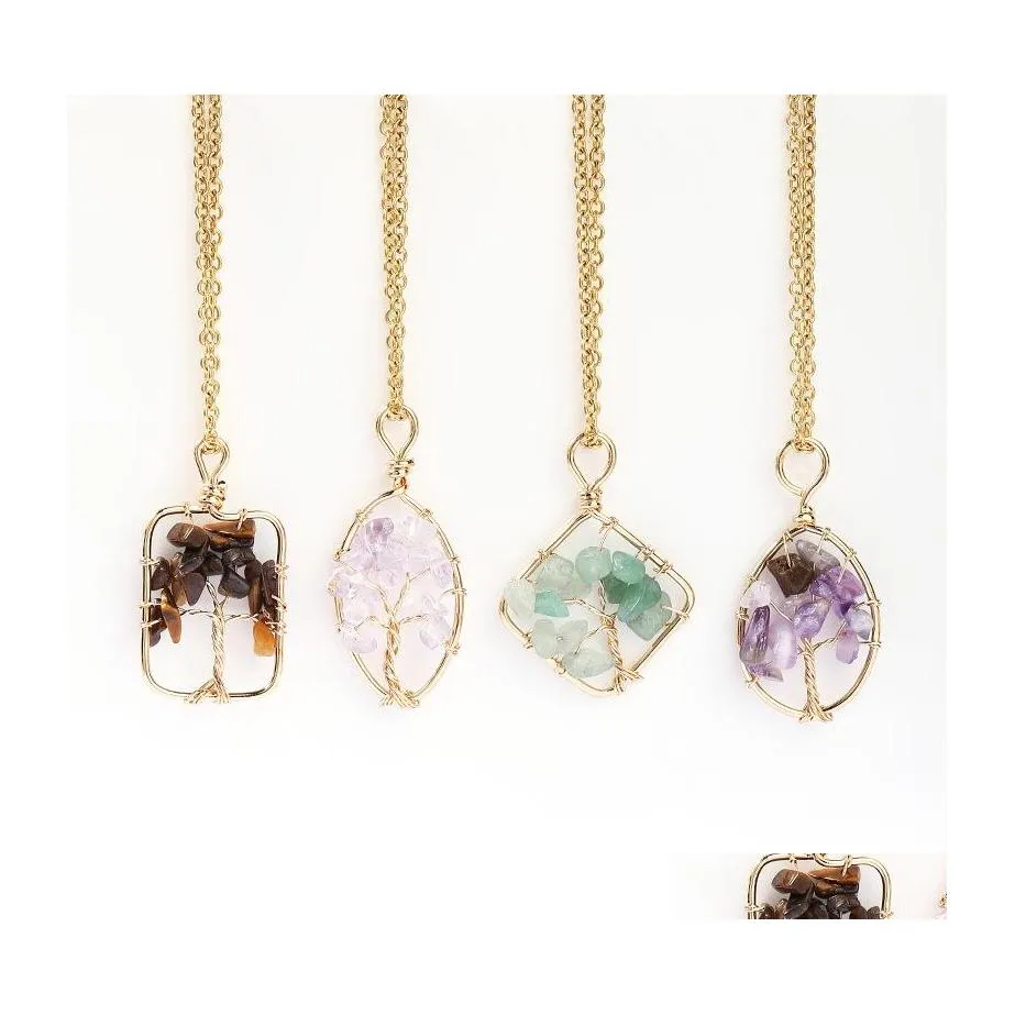 Colares pendentes encantos de cristal de pedra ￡rvore de cor de cobre ￡rvore de arame de arame de arame amethyst tigre rosa quartzo j￳ias por atacado inteiro dr dhxpf