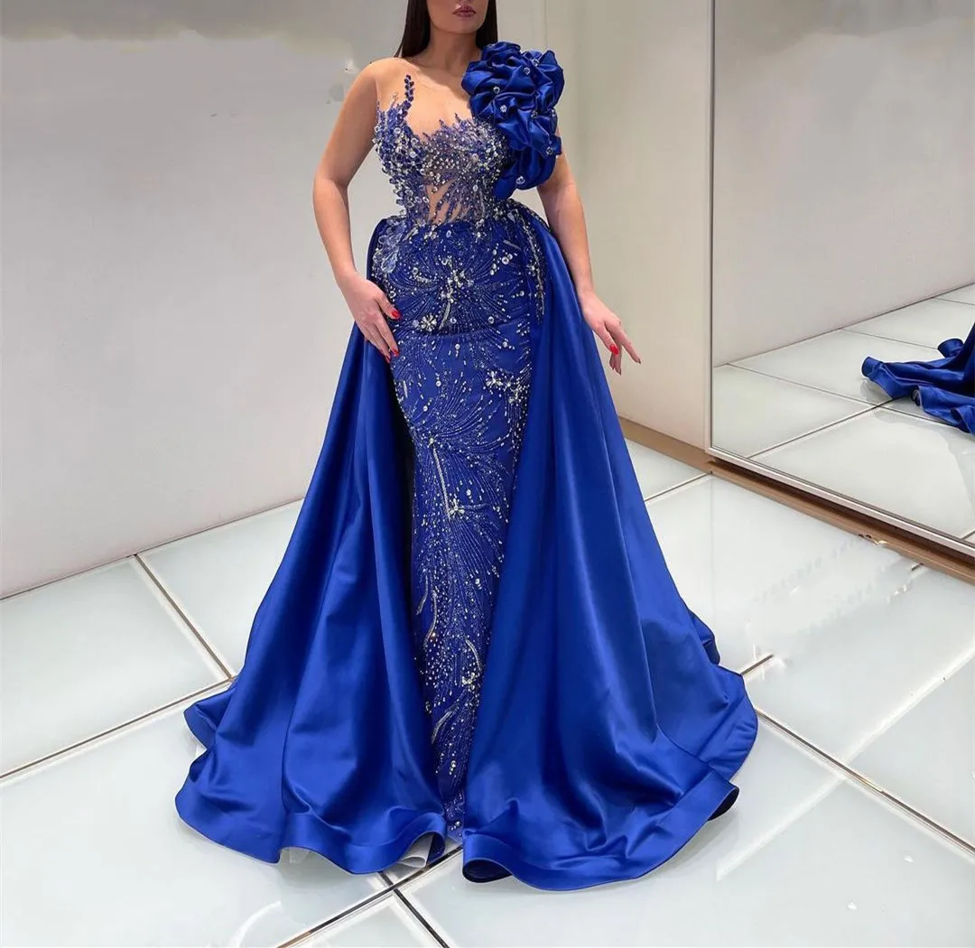 Dark Blue Prom Sleeveless V Neck 3D Lace Sexy Appliques Sequins Beaded Floor Length Celebrity Detachable Train Evening Dresses Plus Size Custom Made