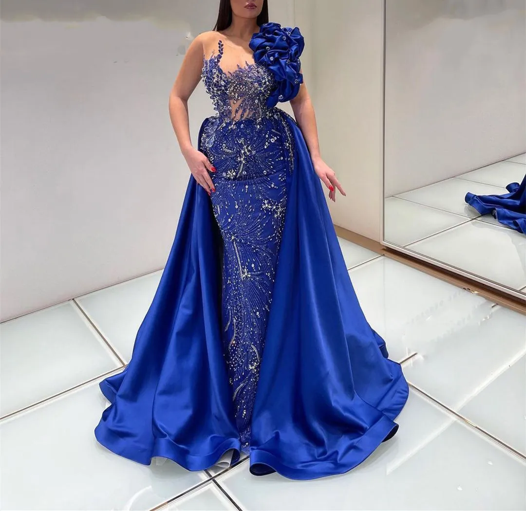Luxury Blue Beading Long Sleeve Sheer Detachable Train Prom Dress Luxury Blue Beading Long Sleeve Sheer Detachable Train Prom Dress