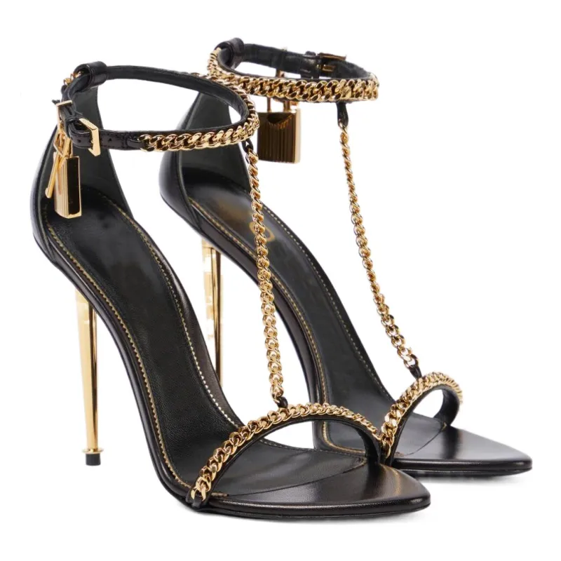 New Women's Sandals Luxury Design Shoes Padlock Pointy Naked High Heels Lock & Chian Gladiator Sandalias Exquisite Stiletto-heel Black Wedding Shoe Party Dress