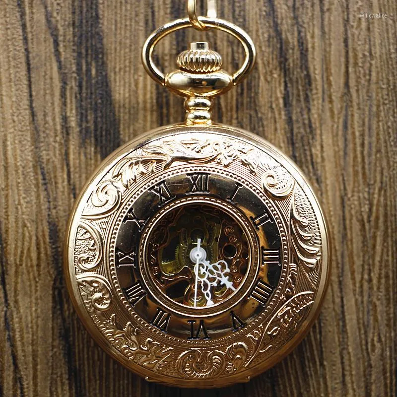 Pocket Watches Antique Rose Gold Roman Number Carving Mechanical Hand Wind Watch with Pendant Chain FOB Present Box