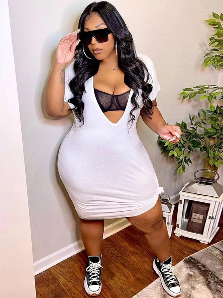 Plus Size Dresses Summer Women 2023 Streetwear Tshirt Dress Deep V Neck Skinny Sexy Short Wholesale Bulk Drop