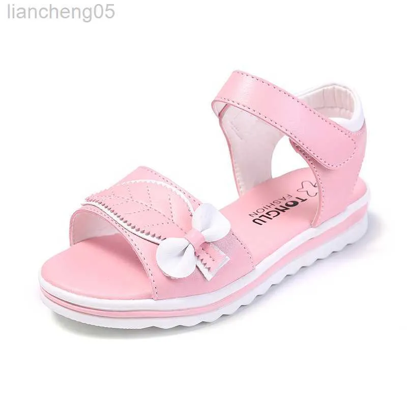 Sandali 2022 Summer Fashion Girl Pink Bow Leaf Sandali Beach Princess Scarpe basse Bambina antiscivolo Fondo morbido Sandali romani W0217