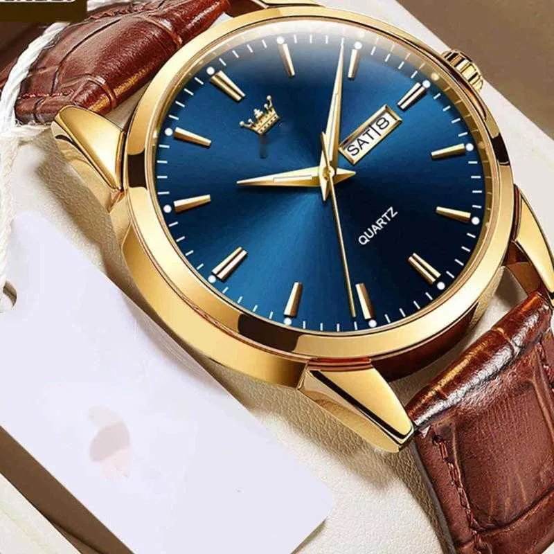 Top Men Classic Gold Blue Face Quartz Waterproof Watch Brown Leather Strap Business Popular Casual For Mens Watch276y