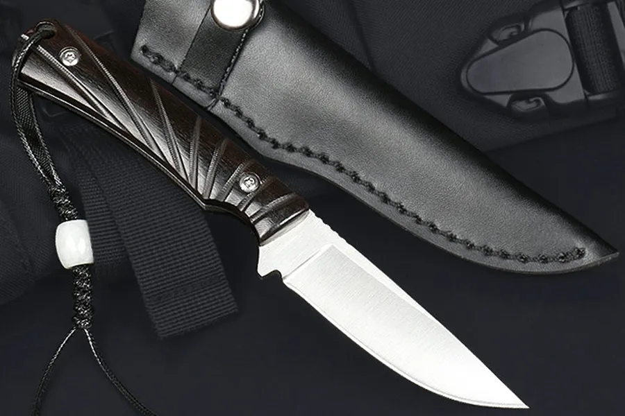 M6692 Survival Prosty nóż 7cr13Mov Satin Drop Point Bade Pełny tang Ebony uchwyt na zewnątrz noża polowań na kemping z skórzaną osłoną 06692