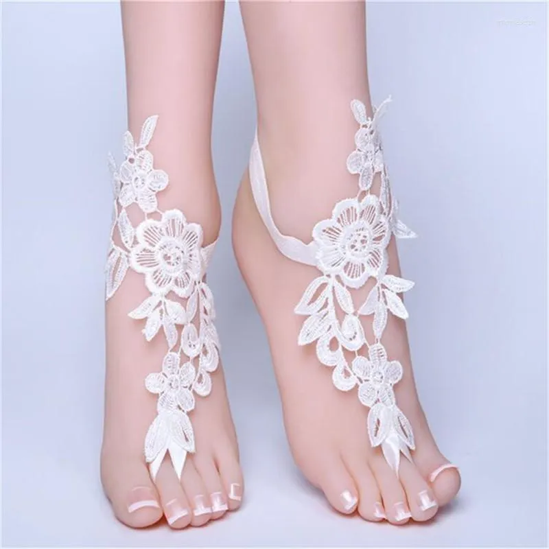 Anklets 1 Pair Blue And White Lace Wedding Barefoot Sandals Bridal Dance Anklet Shoes With Hoop Toe Bridesmaid Sandbeach Foot Jewelry