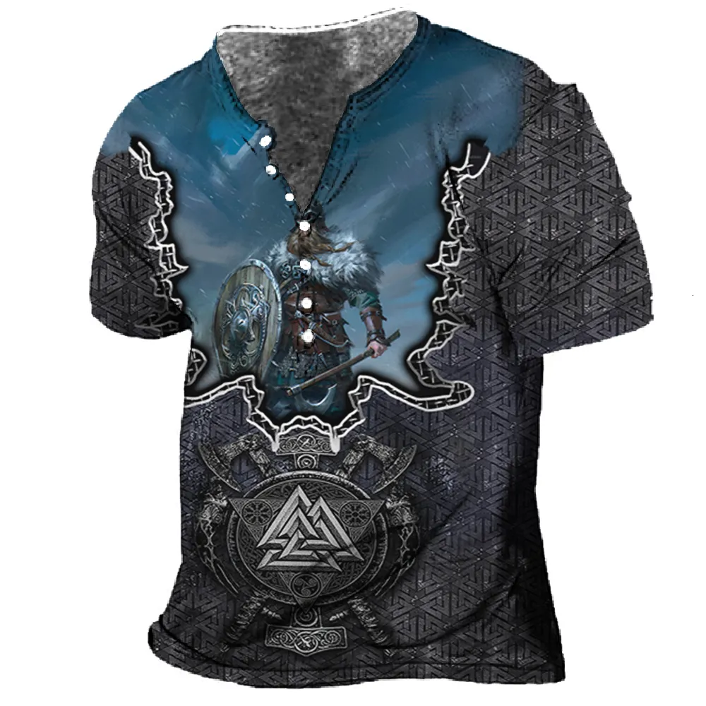 남자 티셔츠 레트로 티셔츠 재미있는 v- 넥 코튼 티의 옷 바이킹 프린트 탑 5xL 캐주얼 스트리트 남성 스웨터 대형 t 230217