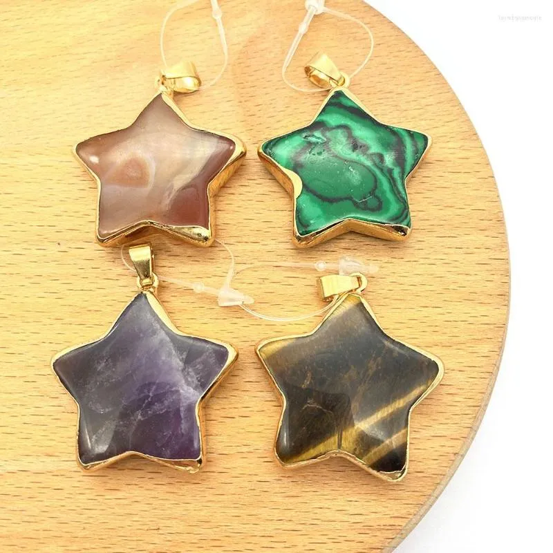 Pendant Necklaces 2pcs/pack Natural Semi-precious Agate Stone Pendants Star-shaped Tiger Eye DIY For Making Necklace 4 Colors Choice 31mm