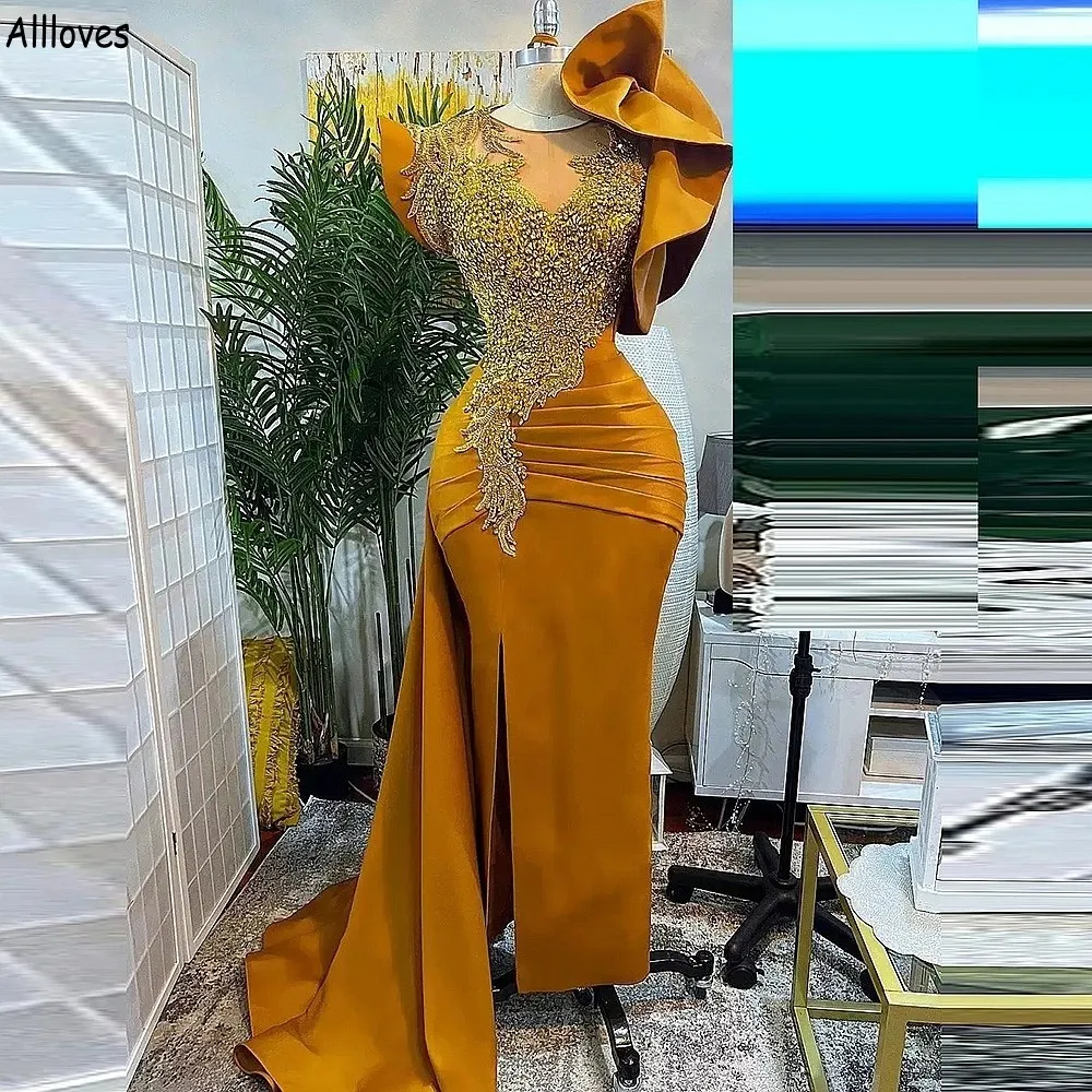Gorgeous Crystals Beading Mermaid Evening Dresses For Women Gold Satin Arabic Aso Ebi Ruffles Flare Sleeves Pleated Party Prom Gowns Peplum Split Vestidos CL1855