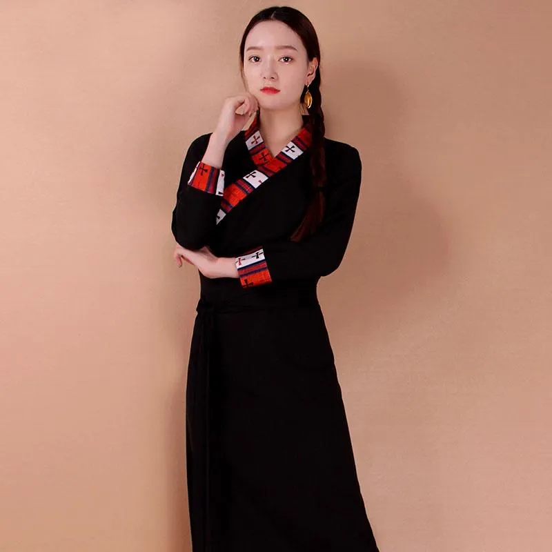 Ethnic Clothing Traditional Tibetan Dress Chinese Folk Long Sleeve Spring Women Gown Vietnam Robe Ao Dai Vestidos 31318Ethnic