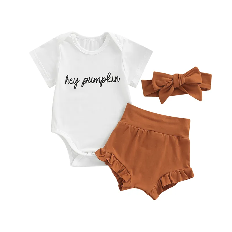 Pyjamas 0630 Lioraitiin 018M Infantile Bébé Fille 3 Pcs Halloween Vêtements Ensemble À Manches Courtes Body Lettre Imprimé Top Solide Shorts 230217