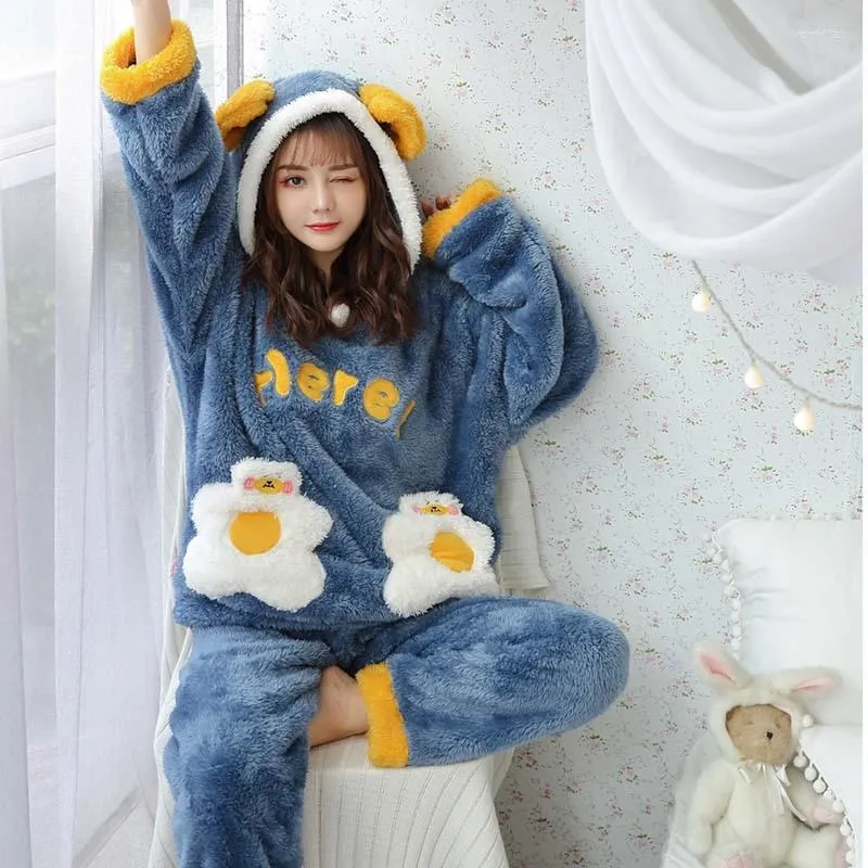 Women's Sleepwear Tulin Fashion Cute Pajamas Set 2 Pieces Flannel Warm Winter Thick Coral Fleece Hooded Cartoon Girl Home Wear