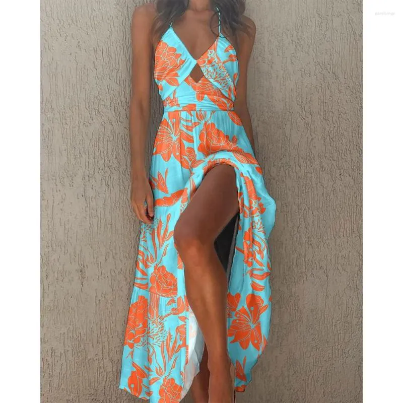Casual jurken zomervakantie vrouwen spaghetti riemuitgesneden halter maxi jurk femme planten print wijd uitlopende mouwloze cami strand dres
