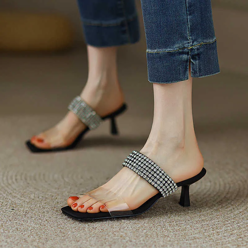Klänningskor Nya transparenta PVC Sandaler Summer Brand Rhinestones Women Sandals Star Style Stiletto Peep Toe High Heels Shoes Women Pumps 7cm L230216