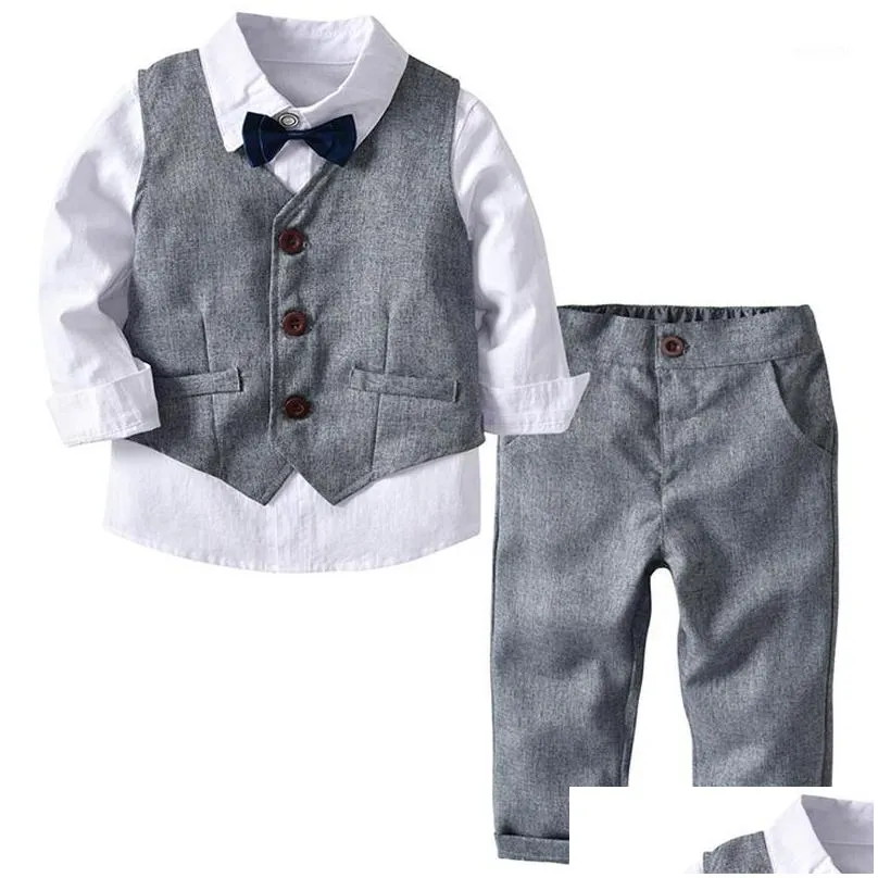 Suits Boys Kids Clothes Toddler Formal Suit Childrens Wear Grey Vest Shirt Trousers Outfit Baby Clothes1 Drop Delivery Mater Dhnpf