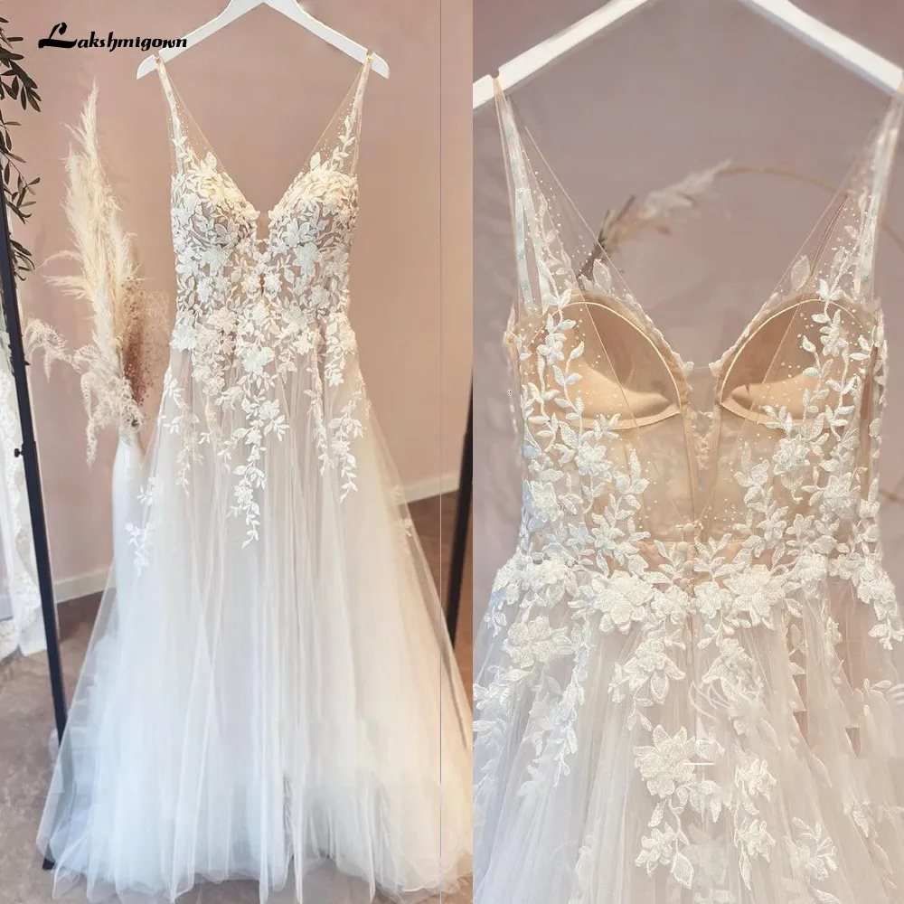 Sukienki imprezowe Lakshmigown Bez względu na stanik Flowny Linia Tiul Wedding Suknia z V SCICK BRIDAL SUKOL PLAID BRIDAL SUNT