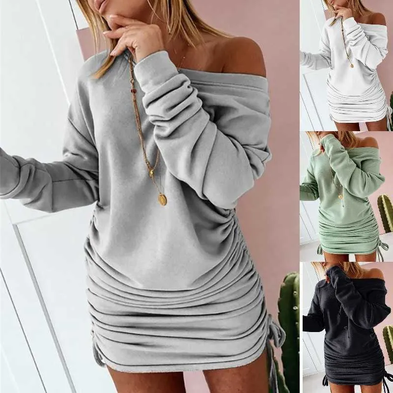 Casual Kleider Off Schulter Rüschen Kordelzug Sexy Robe Herbst Reine Frauen Langarm Mini Bleistift Kleid Sweatshirt Streetwear Kleider Weibliche Z0216