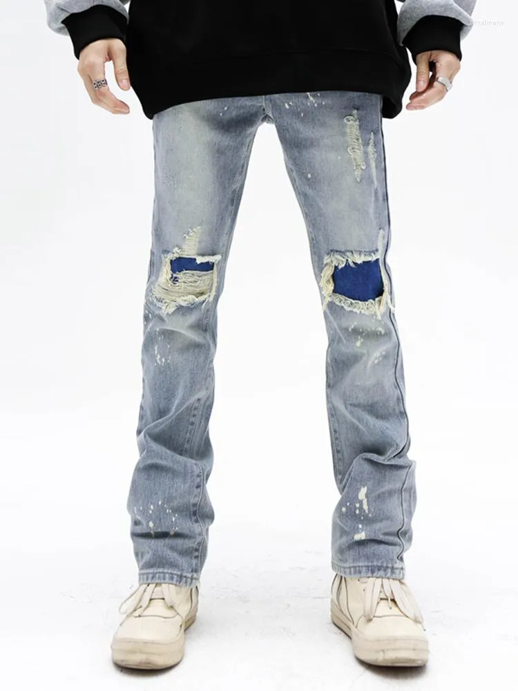 Mäns jeans män knä med hål denim byxor punk blyertslätt -färgade avslappnade varumärke män gatekläder