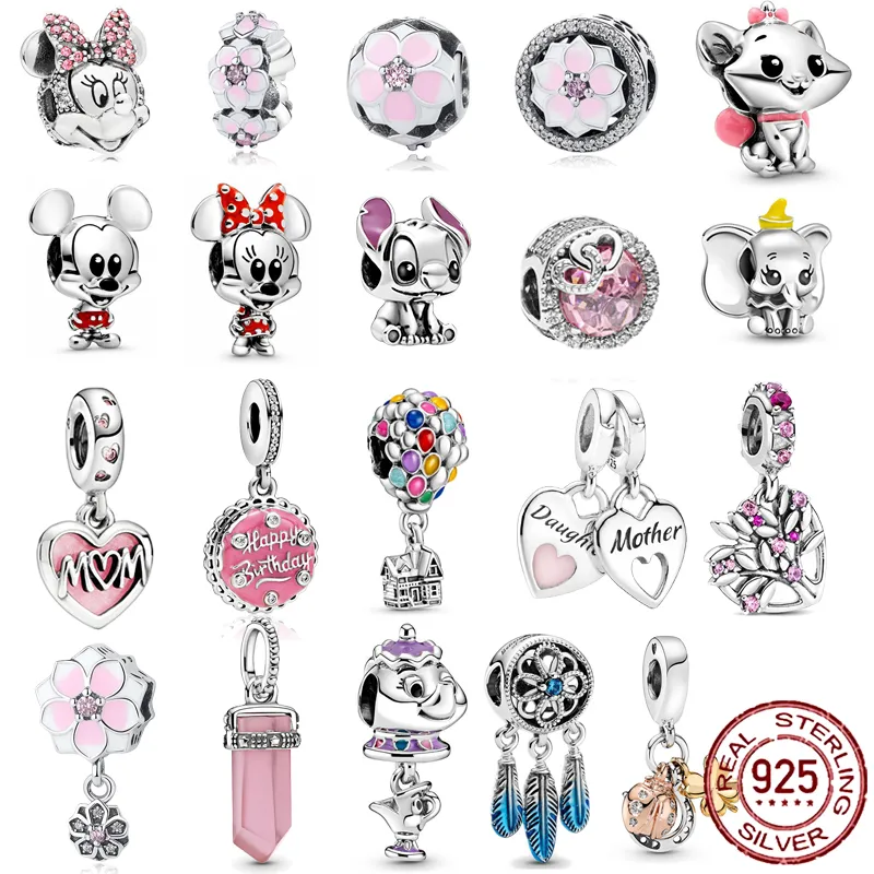 925 SERLING SLATER NOVA MODA PENENTE PENENTE, MIQUIAS DE CORAÇÃO PINK, Flores, balões, amor, compatíveis com a pulseira Pandora original, joias feitas à mão