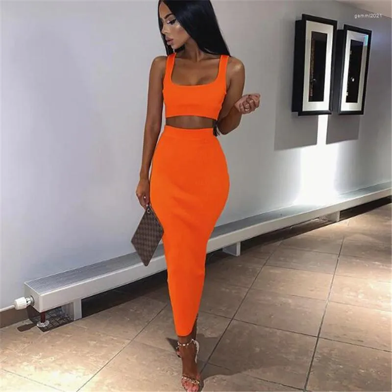 Work Dresses Neon Ribbed Knitted Women Two Piece Matching Set Crop Top Midi Skirt Sexy Festival Party 2023 Winter Clothing