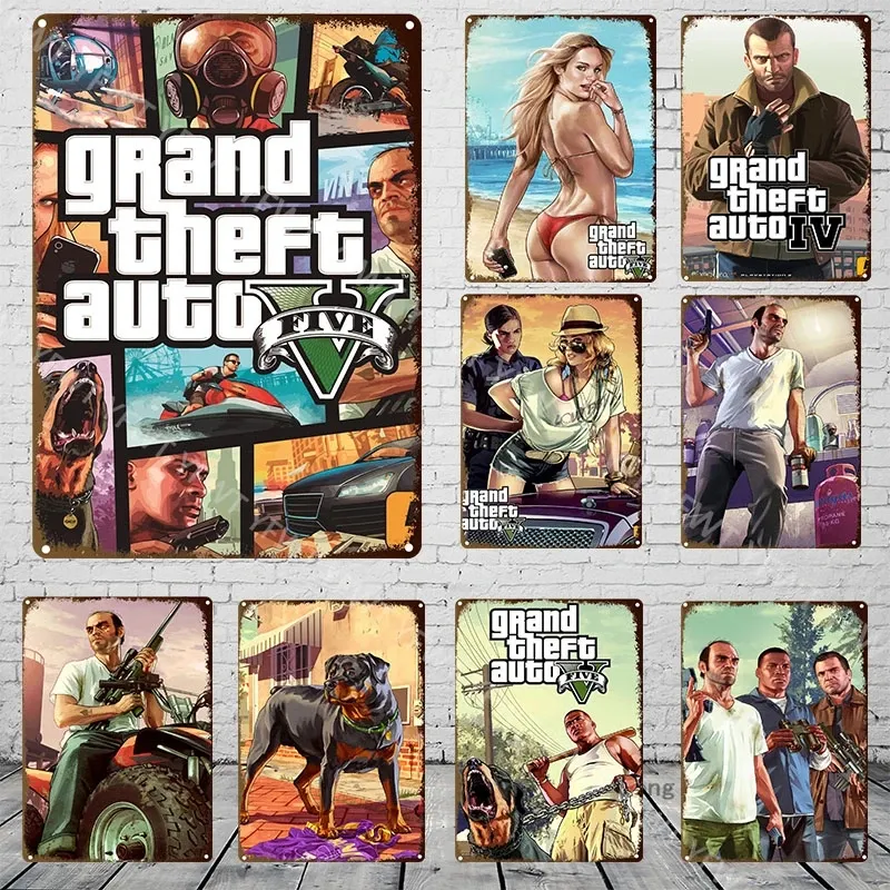 GTA GAME ART Målning Metal Tin Sign Poster Home Decor Retro Big KraftPaperStyle Wall Poster Vintage Internet Cafe Bar Game Room Decoration Storlek 30x20cm W02